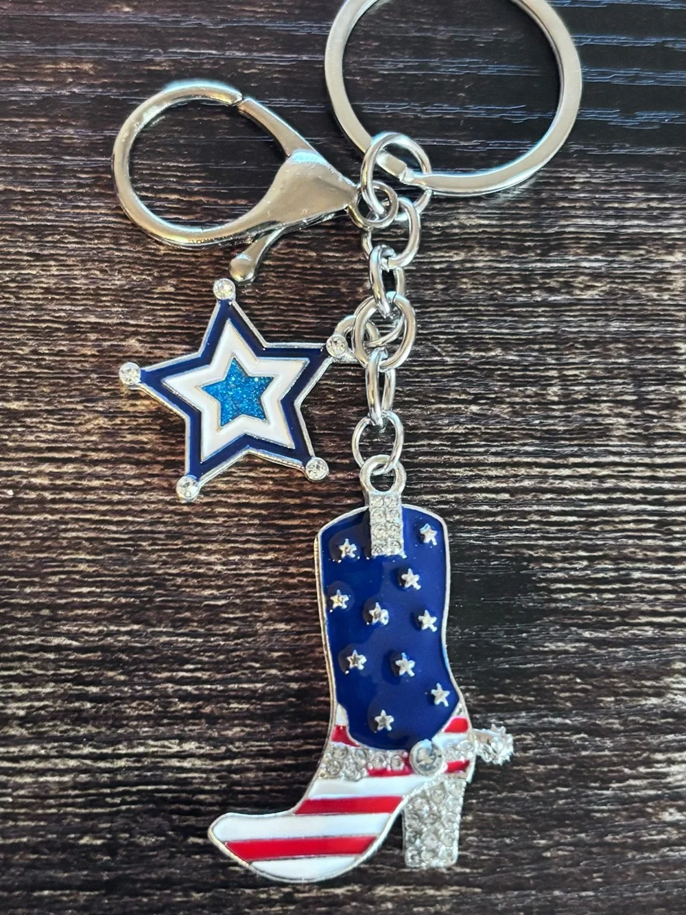 Patriotic Blue Cowboy Boot Keychain in Silver Tone